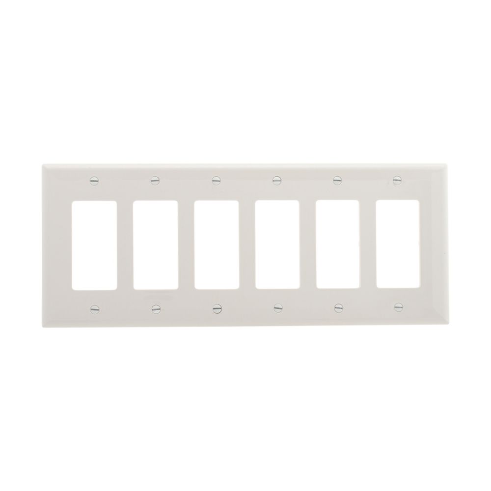 Eaton Decorator / GFCI wallplate, White, Decorator Cutout, Polycarbonate, 6-Gang, Mid-size